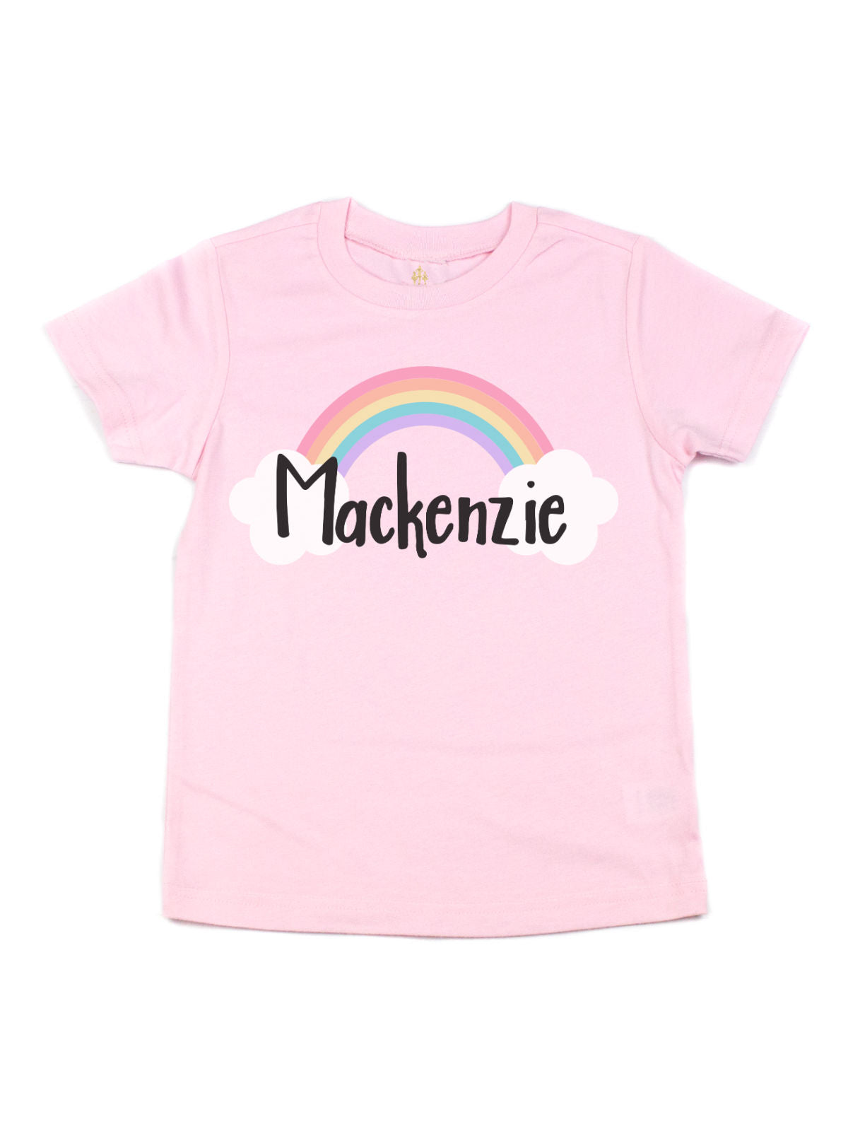 Sky blue girls t-shirt with pastel rainbow and custom name "Kennedy" in cloud – personalized shirt by Mackenzie Madison of Philadelphia