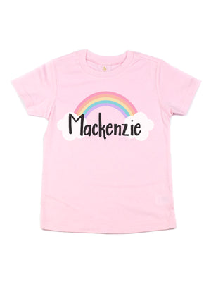Light pink girls t-shirt with pastel rainbow and custom name "Mackenzie" in cloud – personalized shirt by MM of Philly