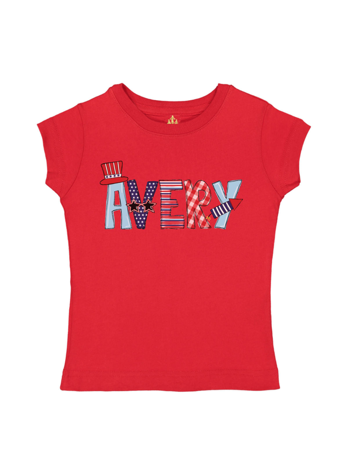 Red girls’ t-shirt with custom name “Khloe” in red, white, and blue patriotic prints, including stars, stripes, and bows