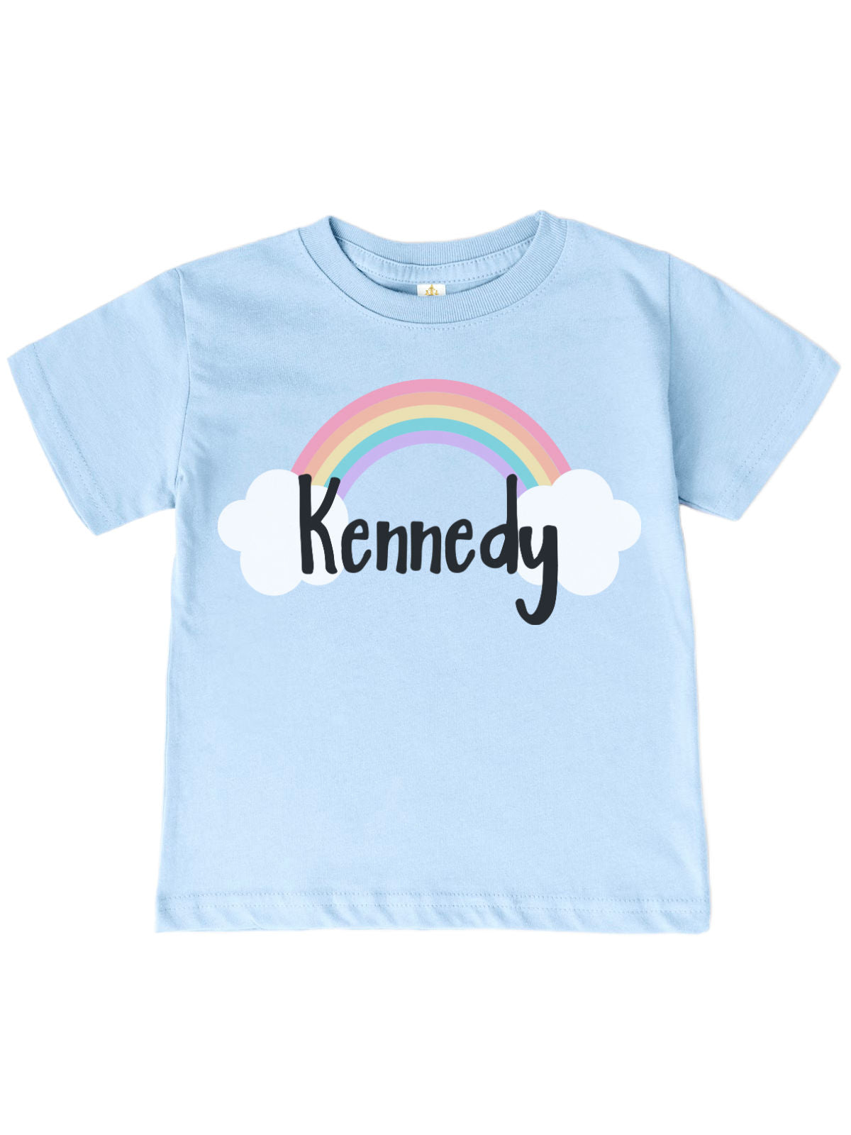 Sky blue girls t-shirt with pastel rainbow and custom name "Kennedy" in cloud – personalized shirt by Mackenzie Madison of Philadelphia