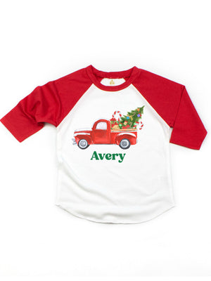 Red and white kids raglan shirt with vintage red Christmas tree truck personalized with name Avery