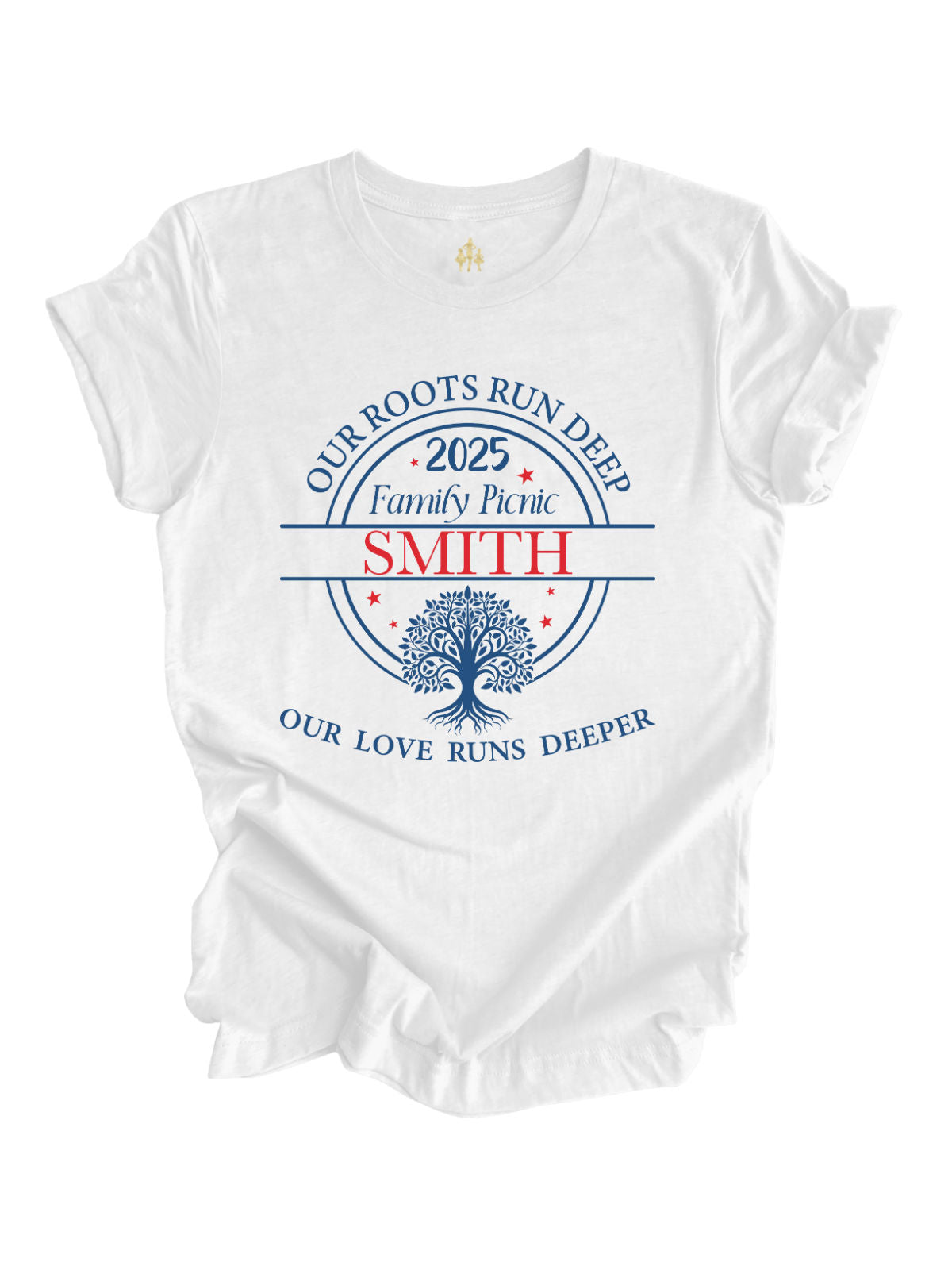 Personalized White Adult Short Sleeve Shirt that reads Our Roots Run Deep Our Love Runs Deeper 2025 Family Picnic Family Reunion Shirt