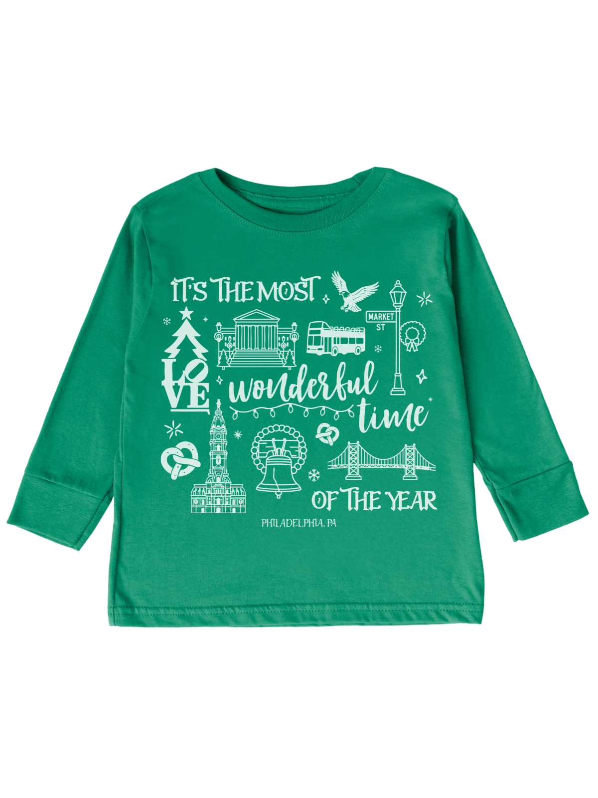 Philly Christmas kids green shirt with Most Wonderful Time graphic