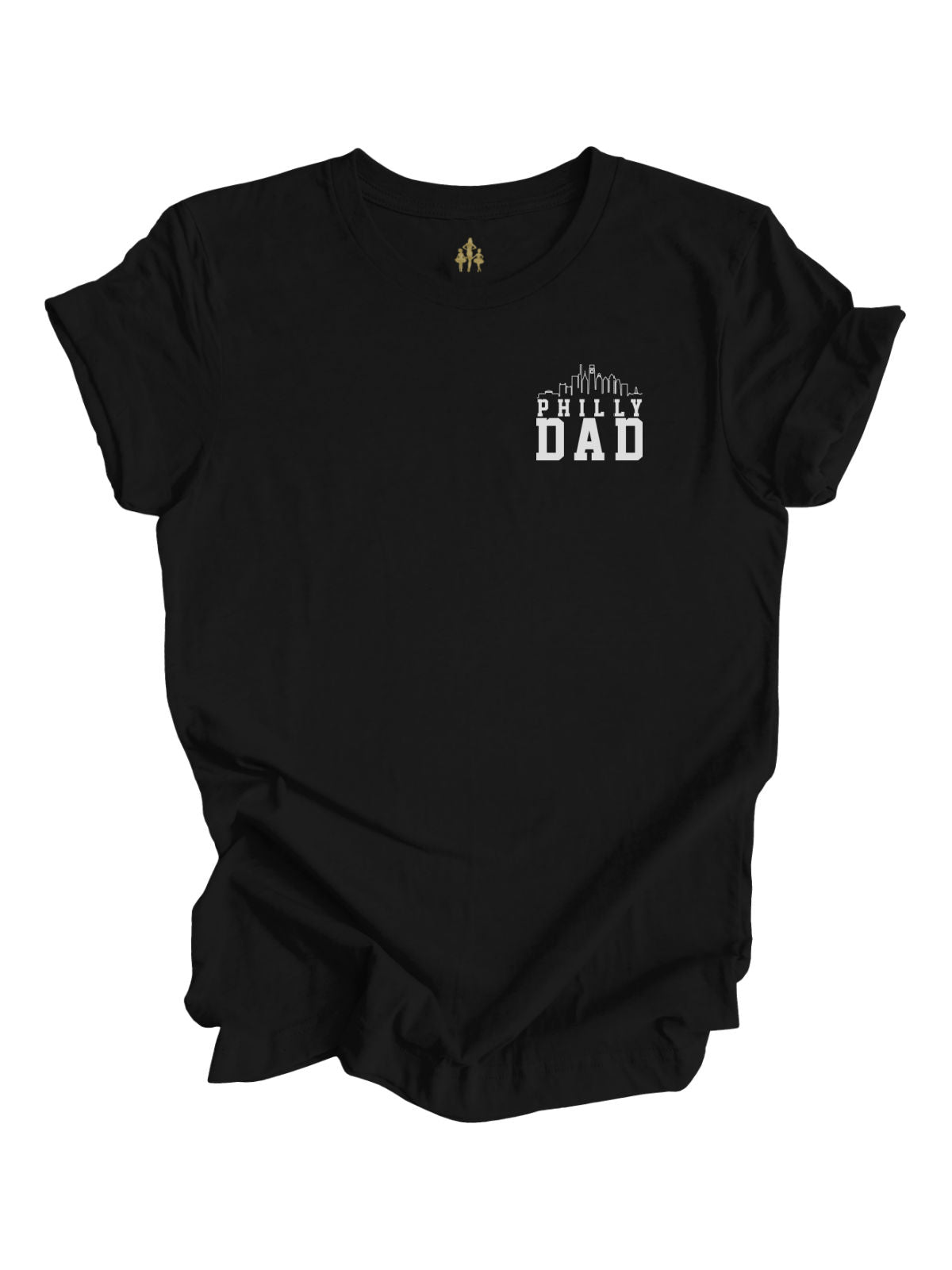 Flat lay of matching Philly Dad and Philly Kid black t-shirts with jeans and sneakers