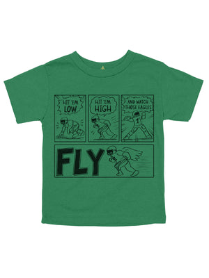 Kids green Philly football comic strip t-shirt inspired by Fly Eagles Fly song