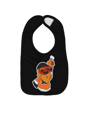 A black baby bib featuring a cartoon graphic of a dancing chicken in an orange outfit with sunglasses, set against a plain white background.