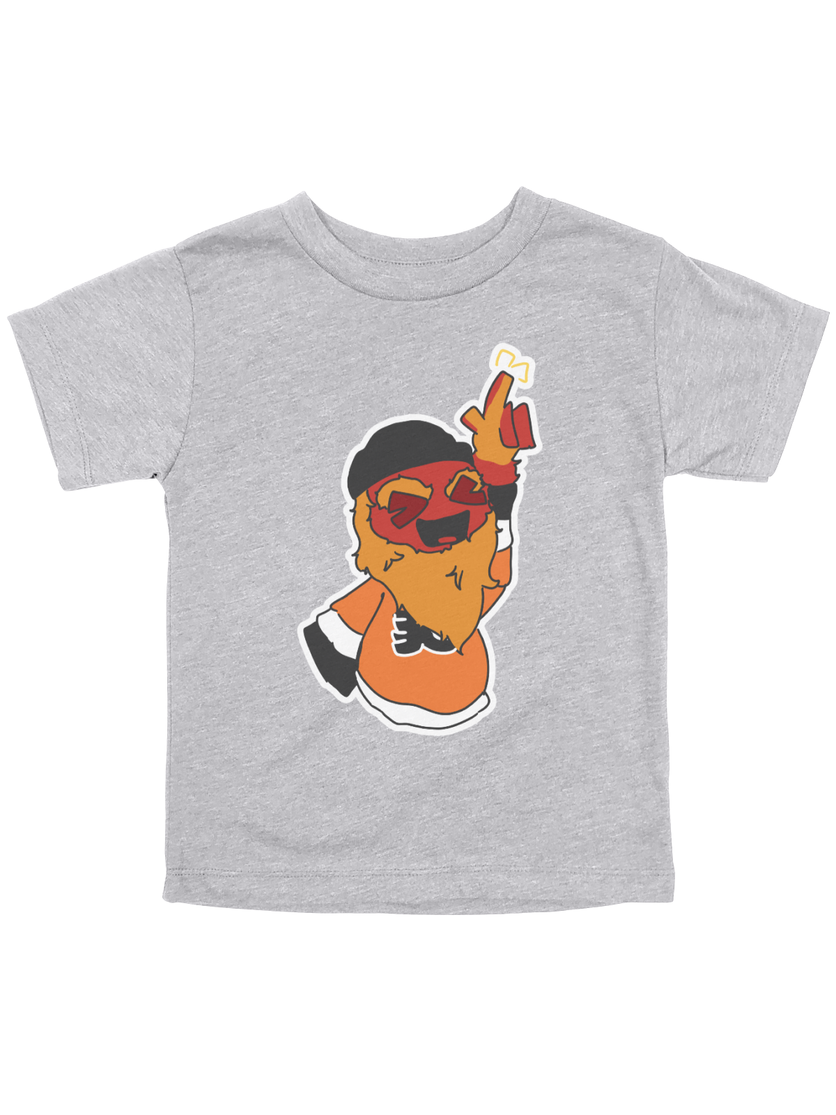 A toddler-sized heather gray short-sleeve t-shirt featuring a cartoon graphic of a bearded figure wearing a black beanie and red sunglasses, making a peace sign with the other hand.