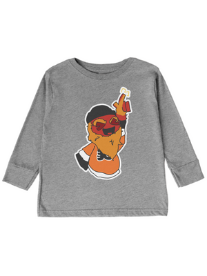 A toddler's heather gray long-sleeve t-shirt featuring a cartoon graphic of a bearded character in a black beanie and red sunglasses holding up a small white star.