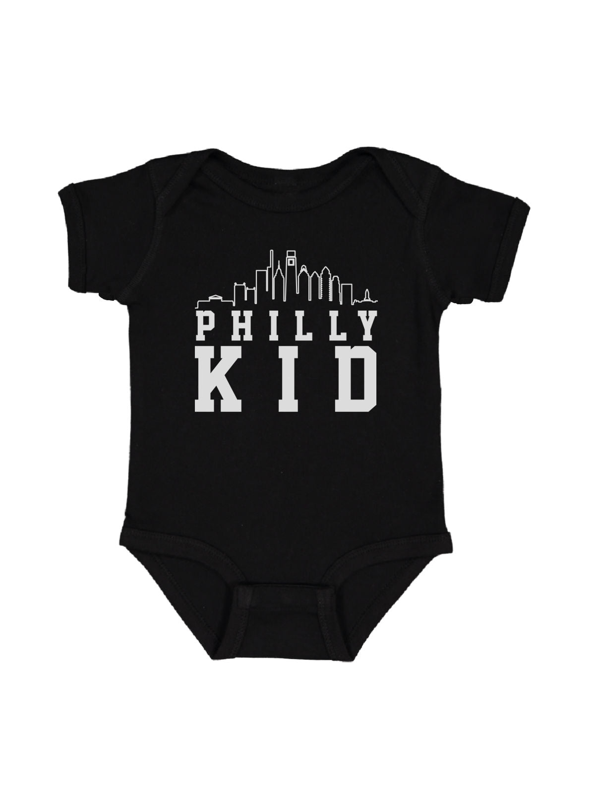 Black infant bodysuit with white “Philly Kid” text and Philadelphia skyline design