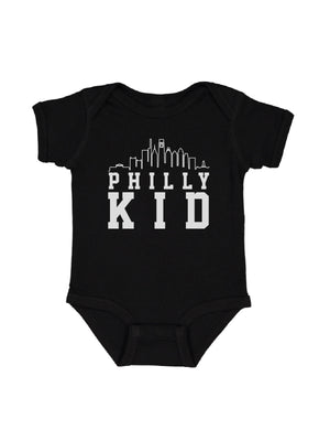 Philly Kid black baby bodysuit with Philly skyline and bold text