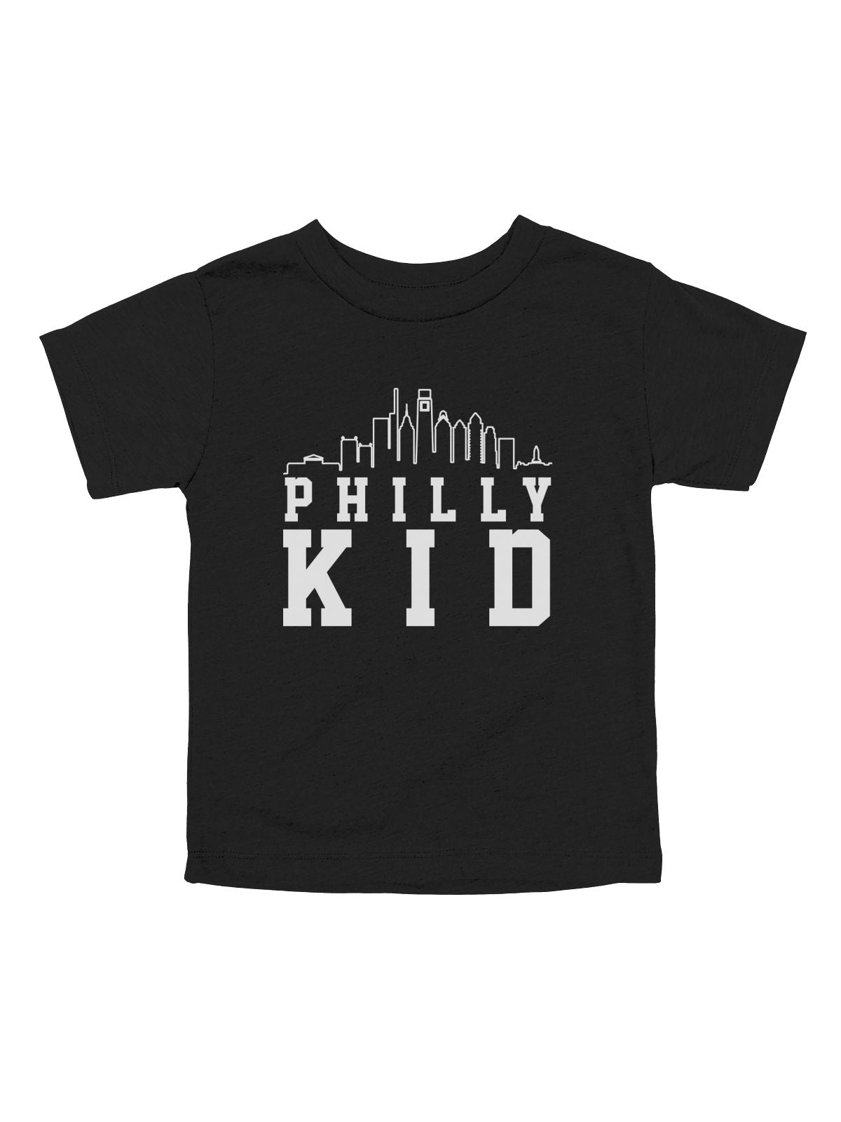 Black toddler t-shirt with white “Philly Kid” text and Philadelphia skyline design