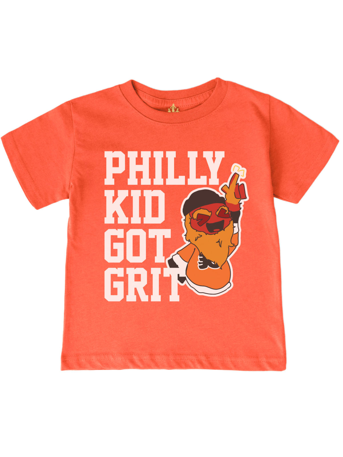 Orange Philly Kid Got Grit kids shirt with Philadelphia mascot graphic and varsity lettering