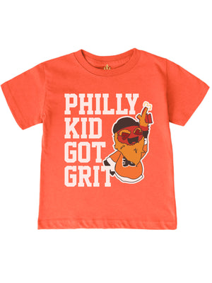 Orange Philly Kid Got Grit kids shirt with Philadelphia mascot graphic and varsity lettering