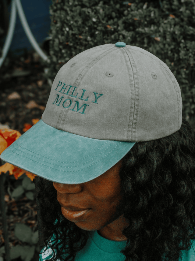 Khaki and forest green hat with Philly Mom embroidered across top