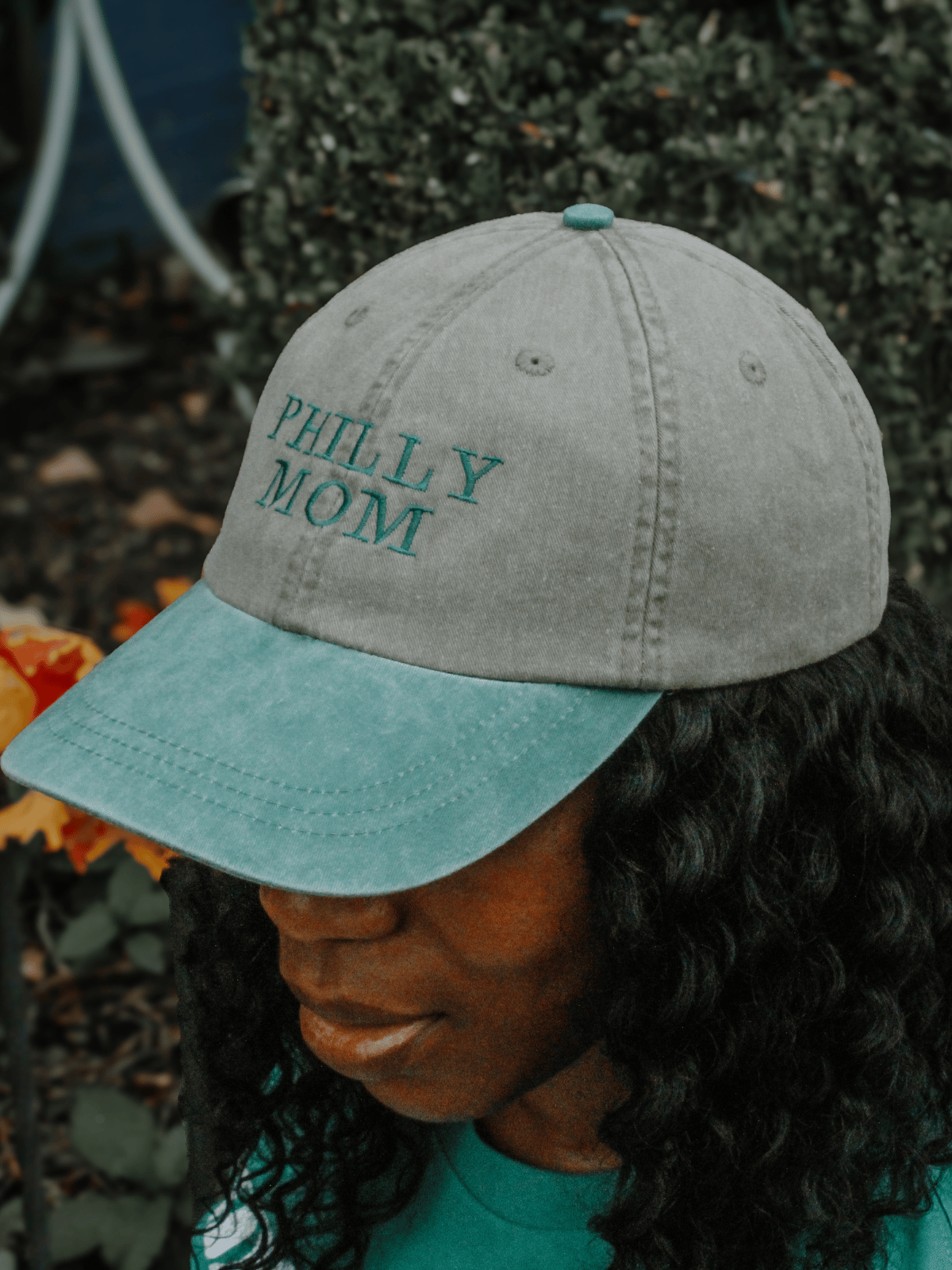 Khaki and forest green hat with Philly Mom embroidered across top