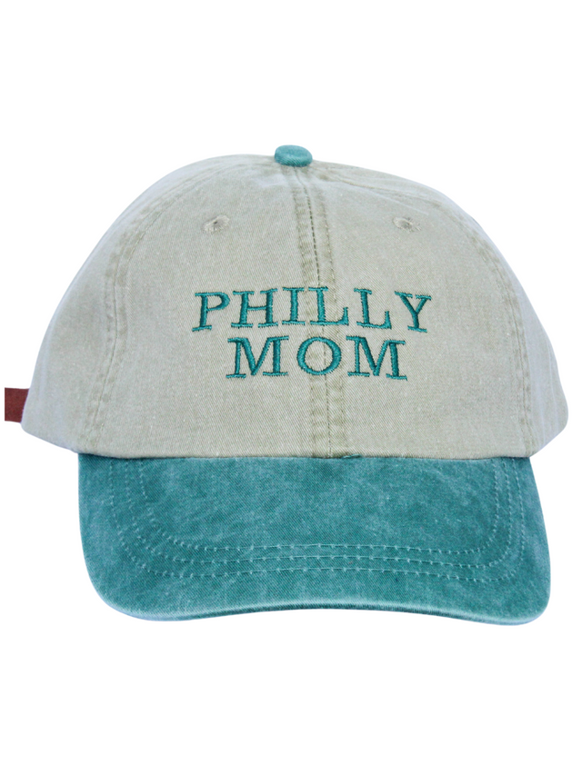 Khaki and forest green hat with Philly Mom embroidered across top