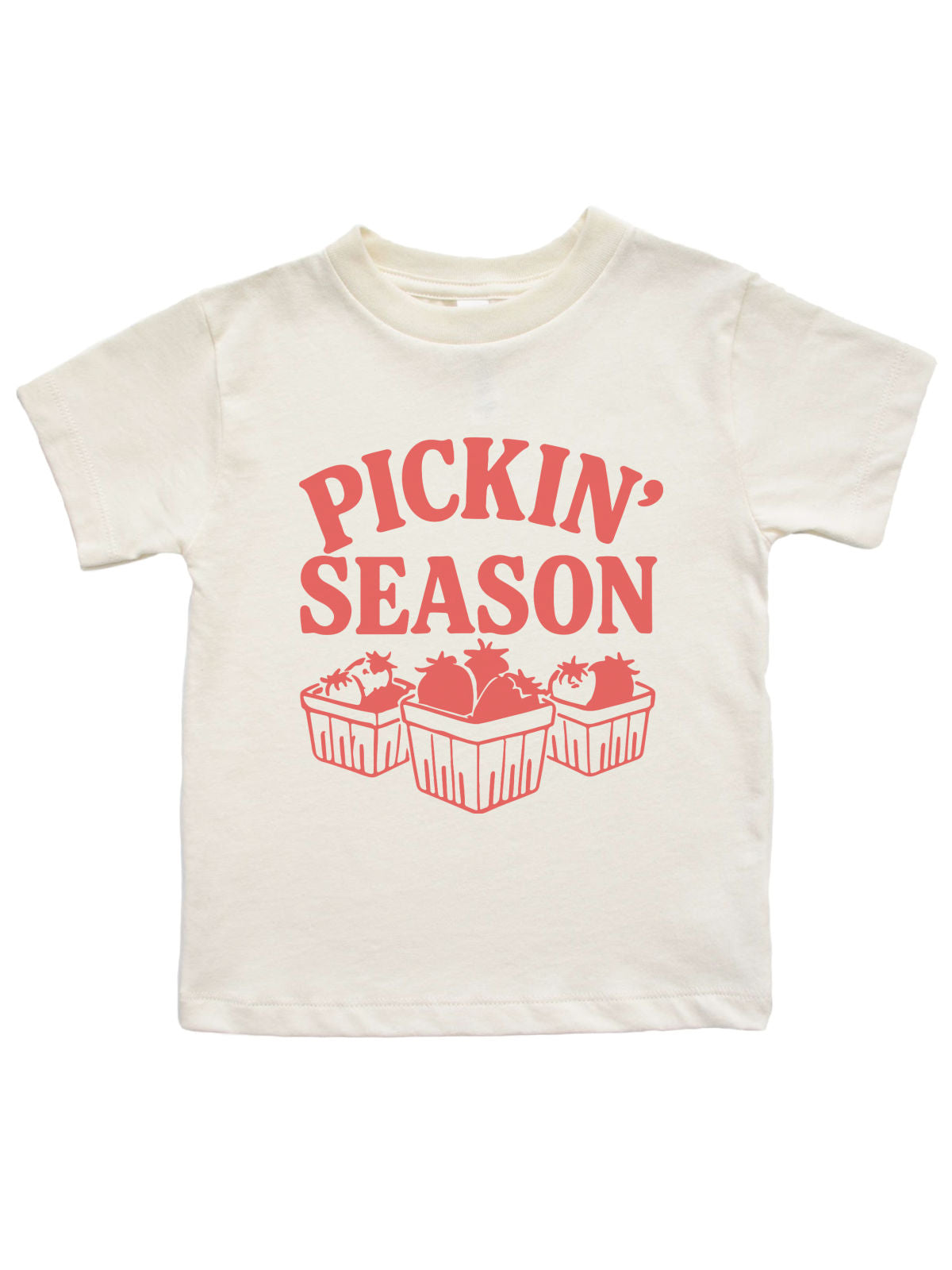 Natural kids t-shirt with red “Pickin’ Season” text and three berry baskets graphic printed on front