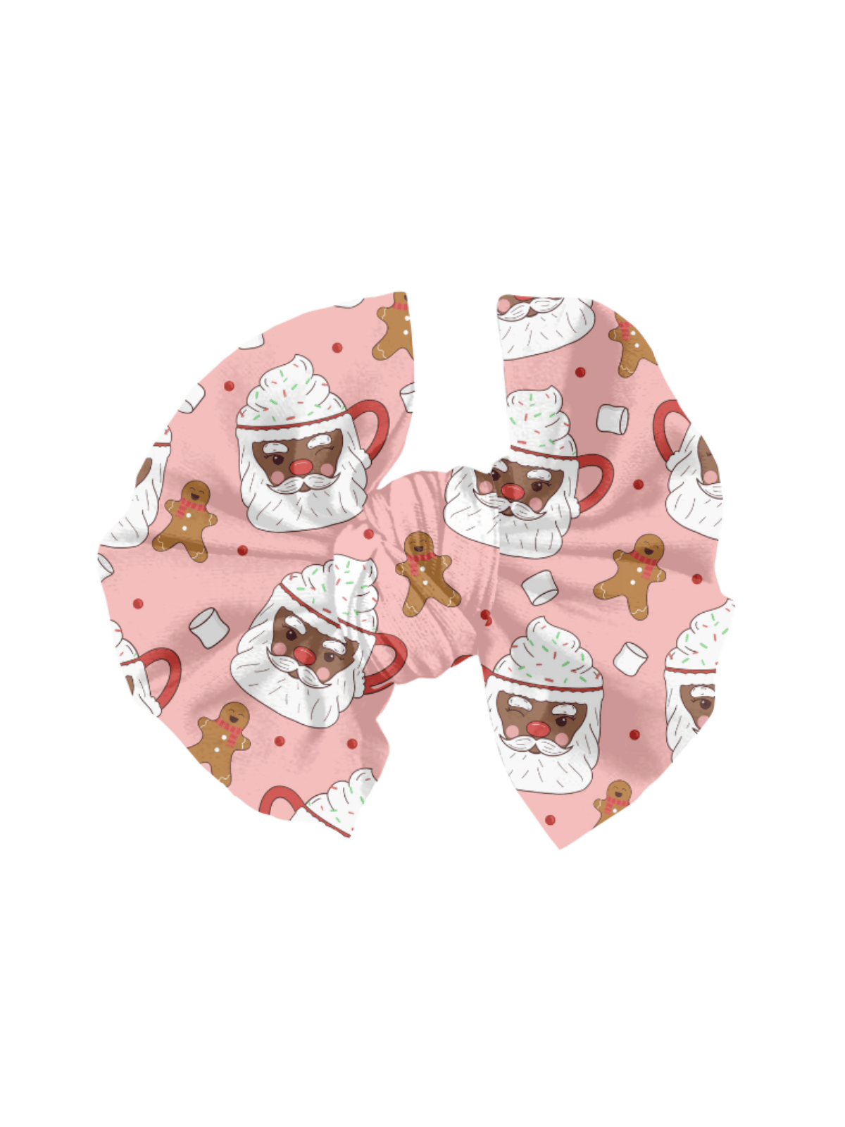 Pink hair bow featuring Black Santa Christmas mug and gingerbread man design