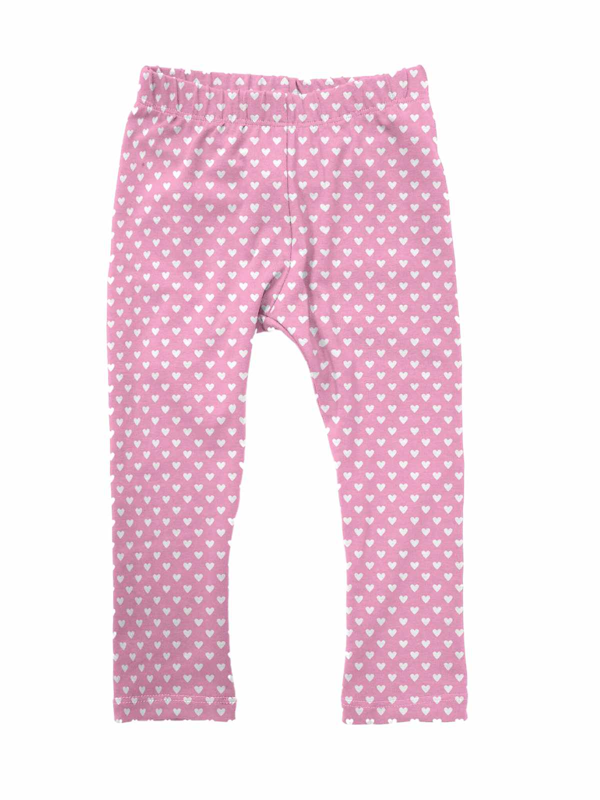 Pink girls leggings with a white heart pattern, handmade from custom-designed fabric, displayed flat on a white background.