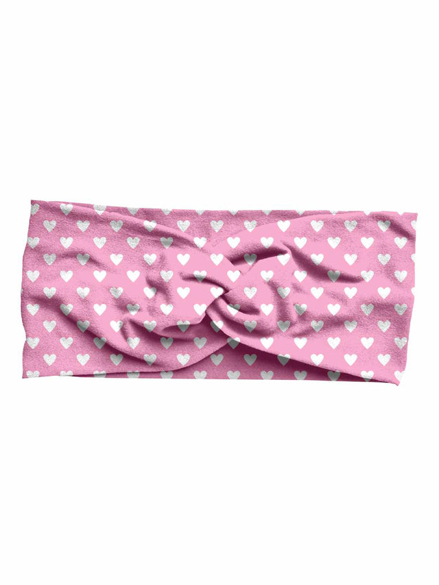 Girls pink and white hearts Valentine twist headband made from custom printed double brushed poly fabric, handmade accessory.