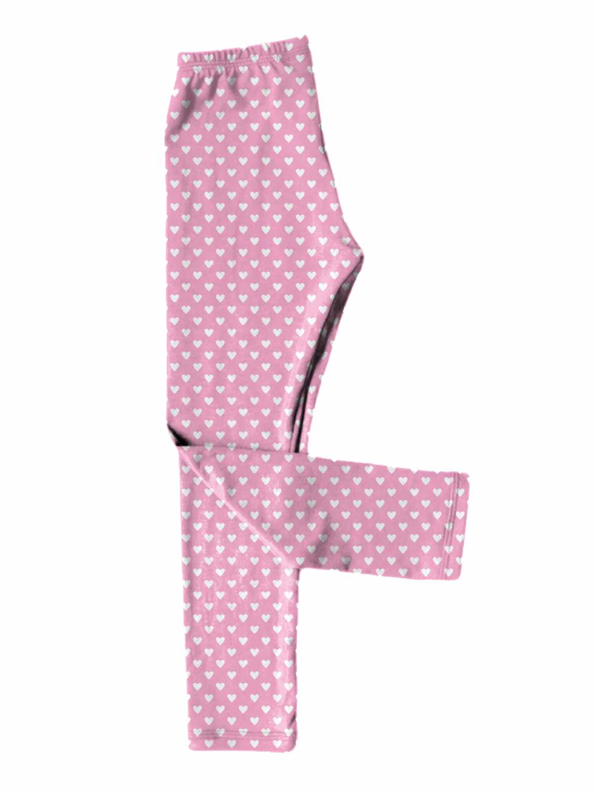 Pink leggings with a white heart pattern, handmade from custom-designed fabric, displayed folded flat against a white background.