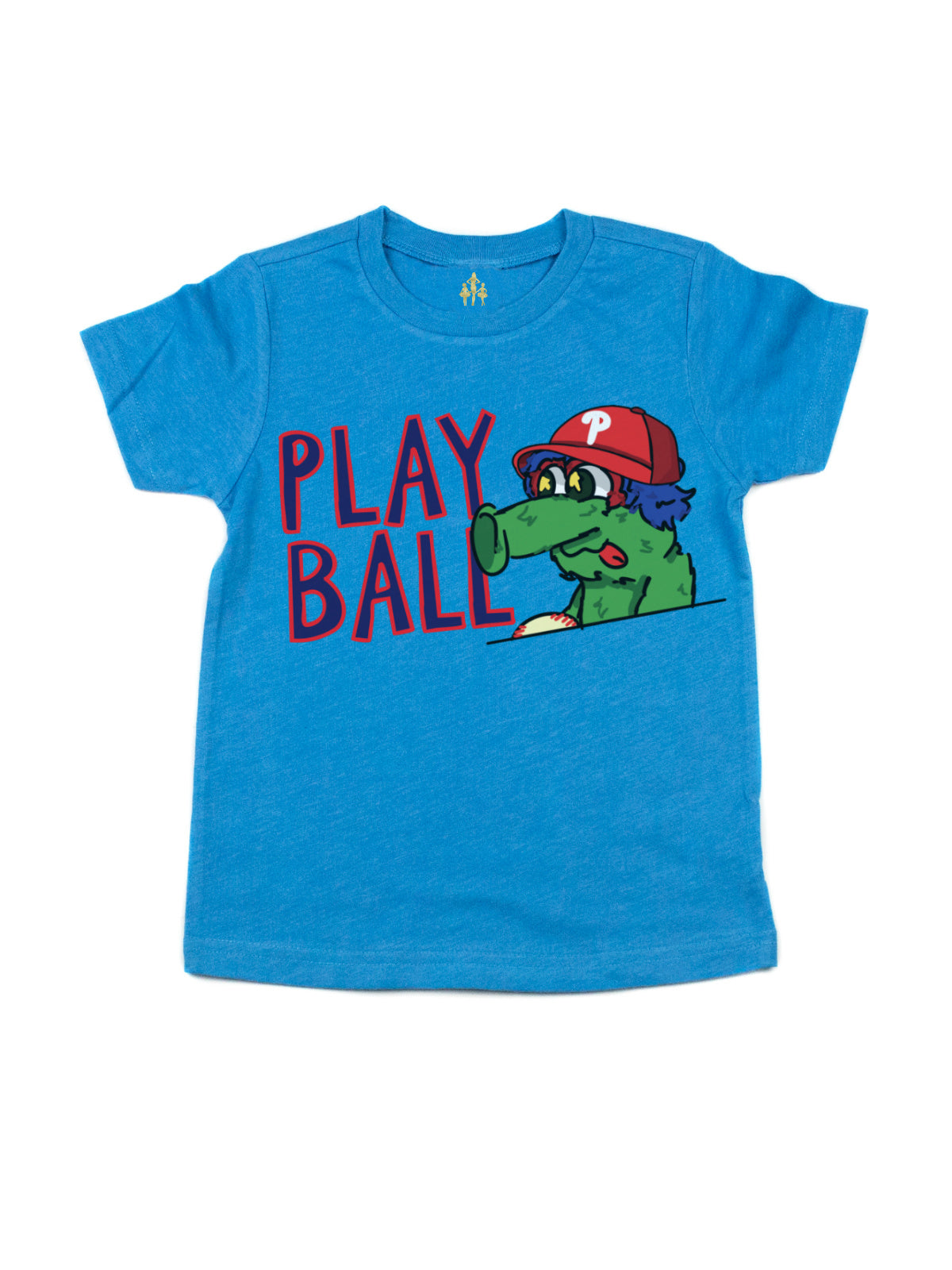 Play Ball kids blue shirt with Philly baseball mascot design