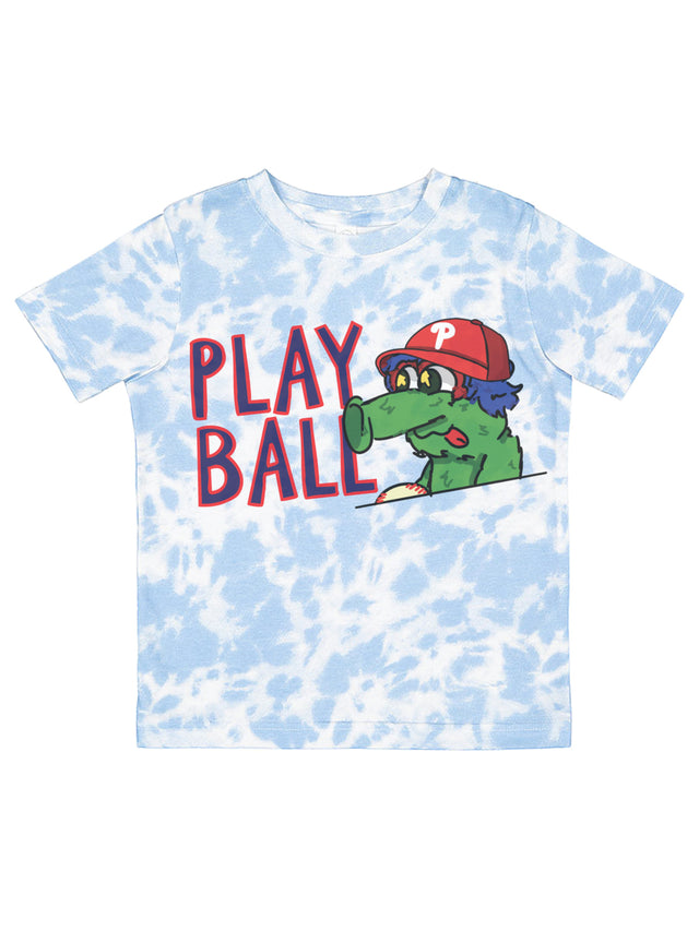 Play Ball kids tie dye baseball shirt with Philly mascot graphic for game day