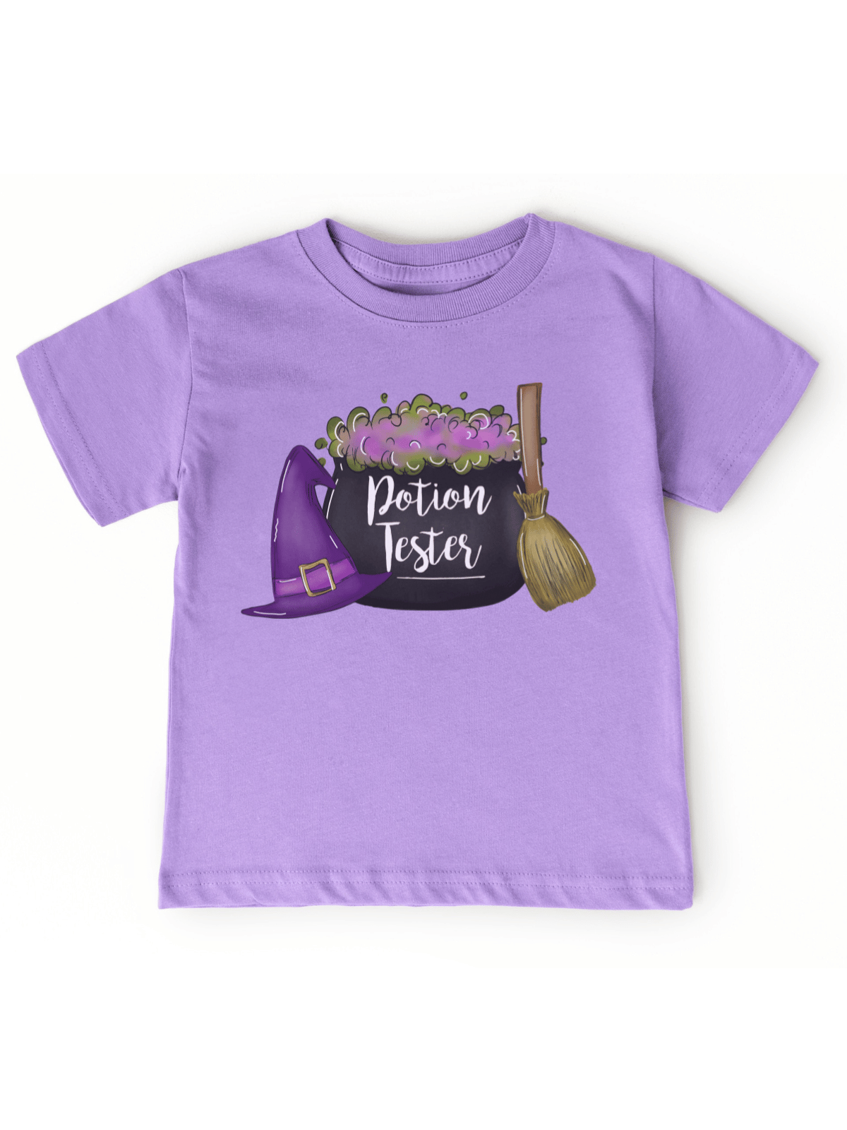Lavender kids Halloween shirt with Potion Tester design, witch hat, cauldron, and broom