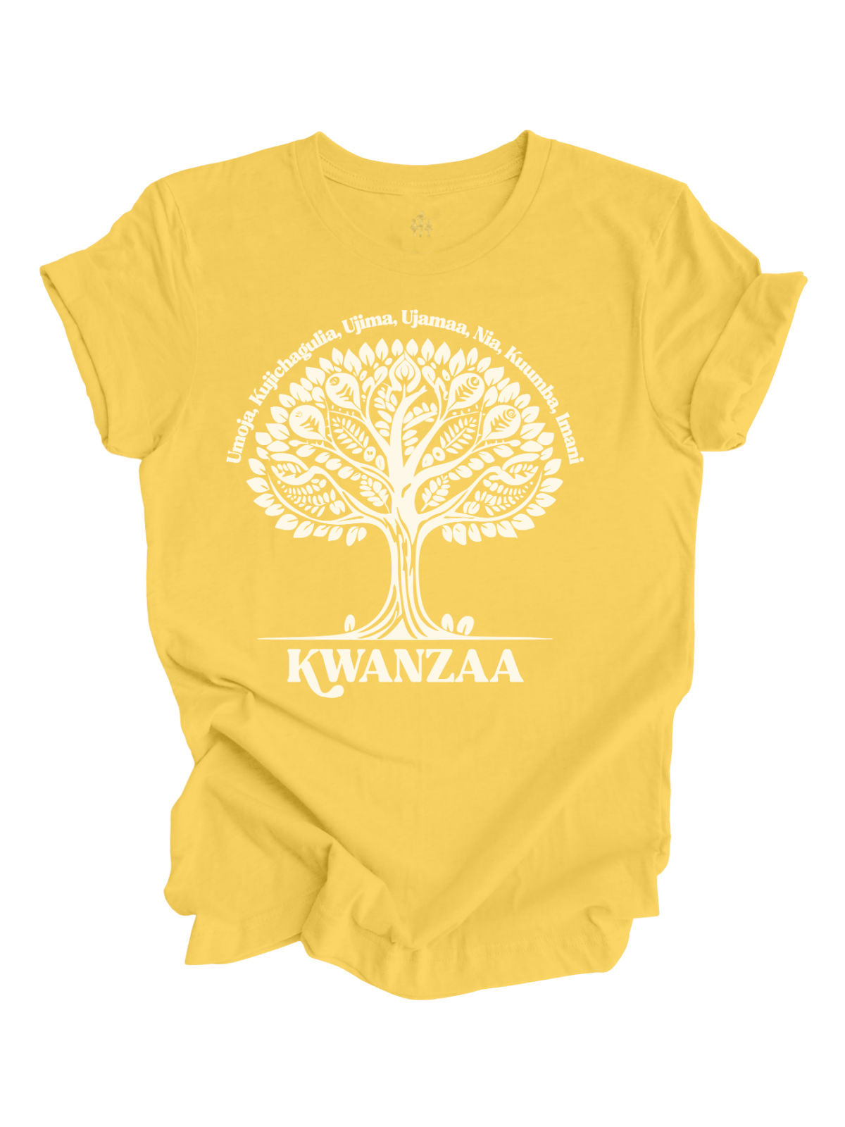 Yellow short sleeve adult t-shirt with white African Kwanzaa tree