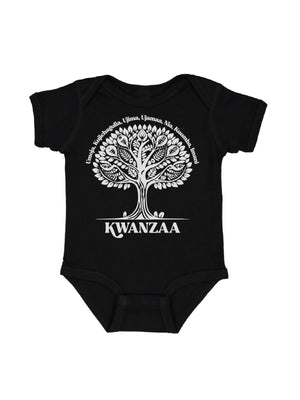 short sleeve black infant bodysuit with Kwanzaa African tree in white