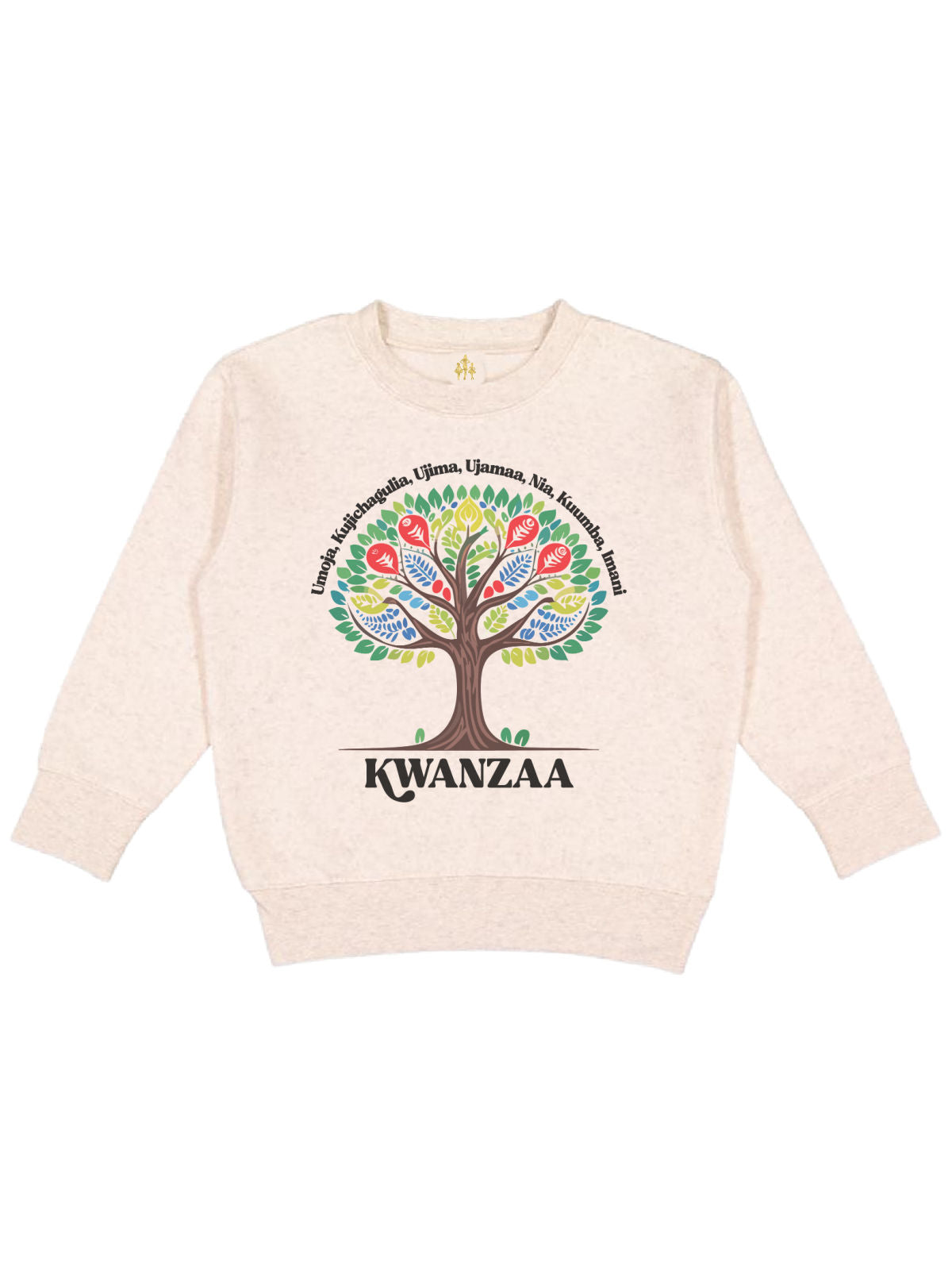 long sleeve kids natural fleece pullover with African tree, Kwanzaa pricipals