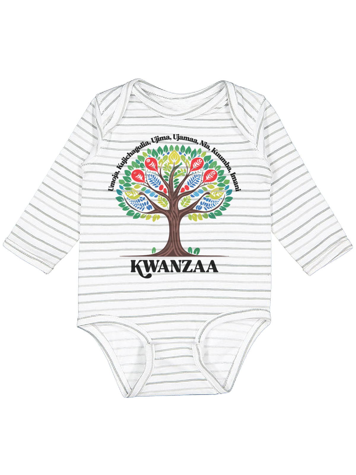 long sleeve white and gray stripes infant one piece with African tree Kwanzaa