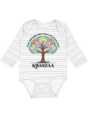 long sleeve white and gray stripes infant one piece with African tree Kwanzaa