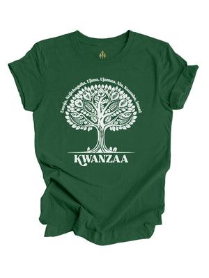 Green short sleeve adult t shirt with African Kwanzaa tree