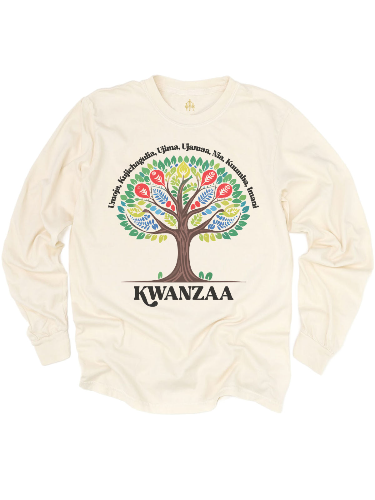 long sleeve heather gray adult t shirt with vibrant African Kwanzaa tree