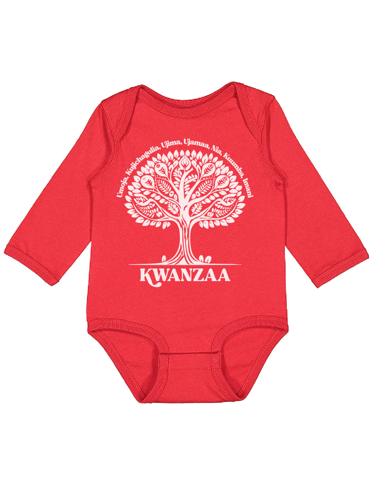 long sleeve red infant one piece with Kwanzaa african tree in white