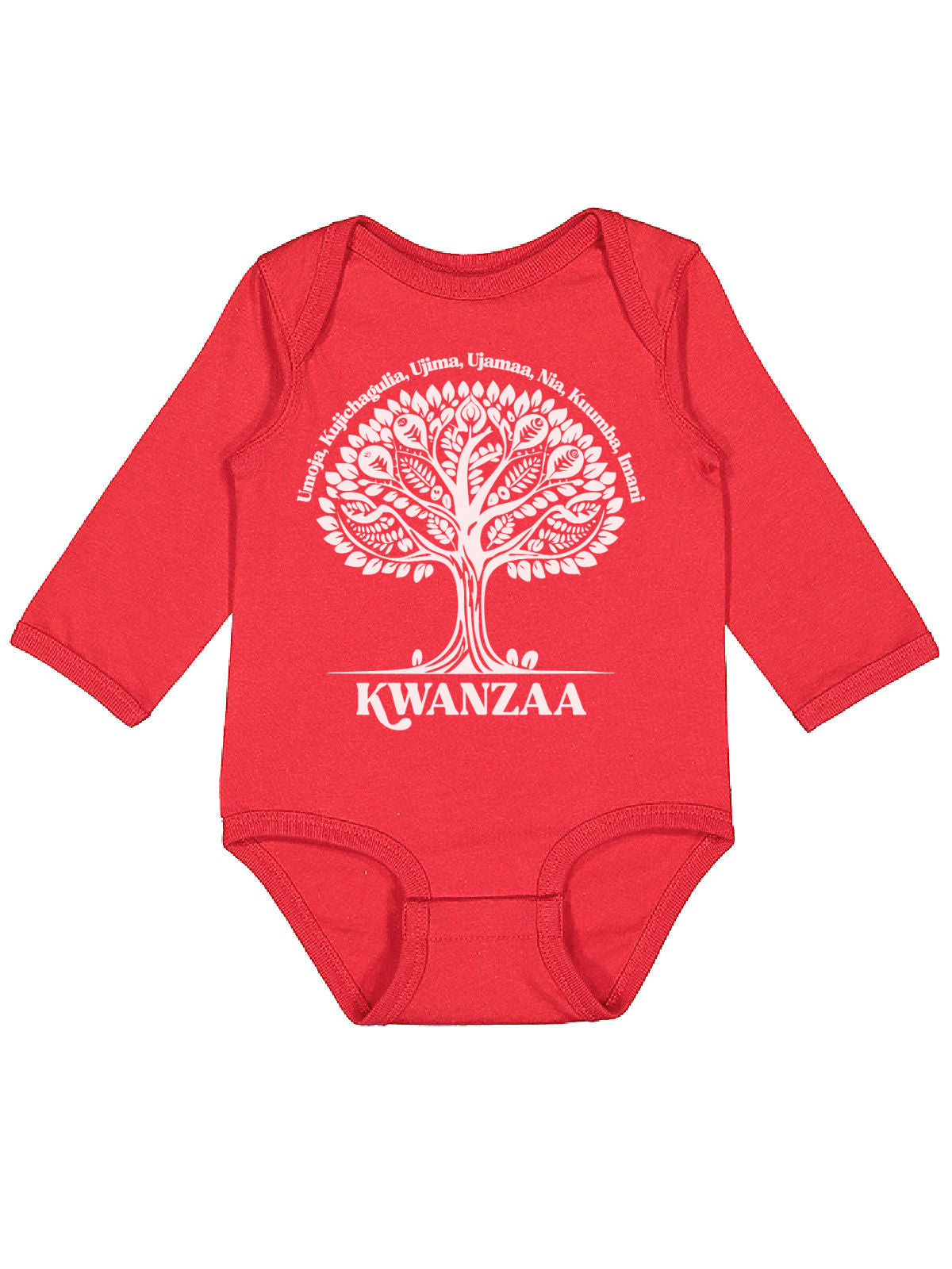 long sleeve red infant one piece with Kwanzaa african tree in white