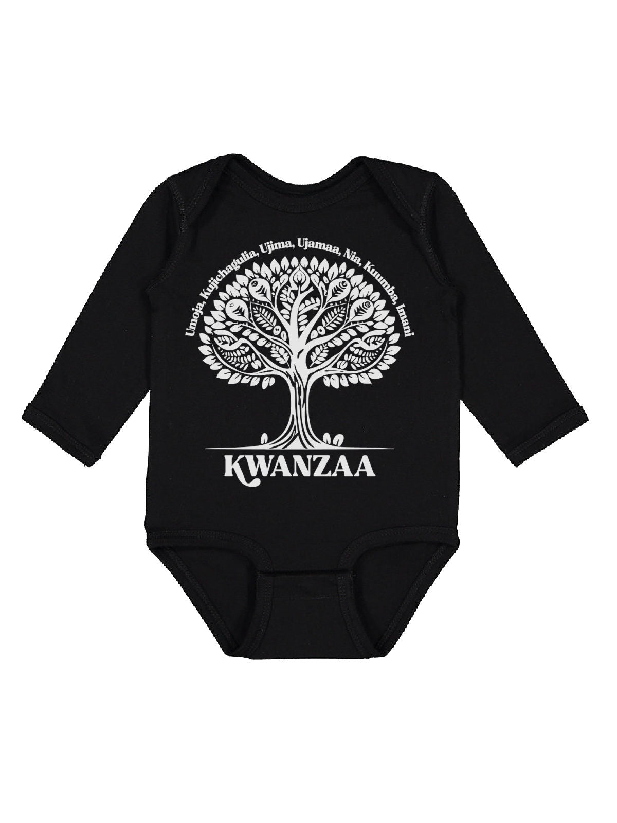 black long sleeve infant bodysuit with Kwanzaa african tree design in white