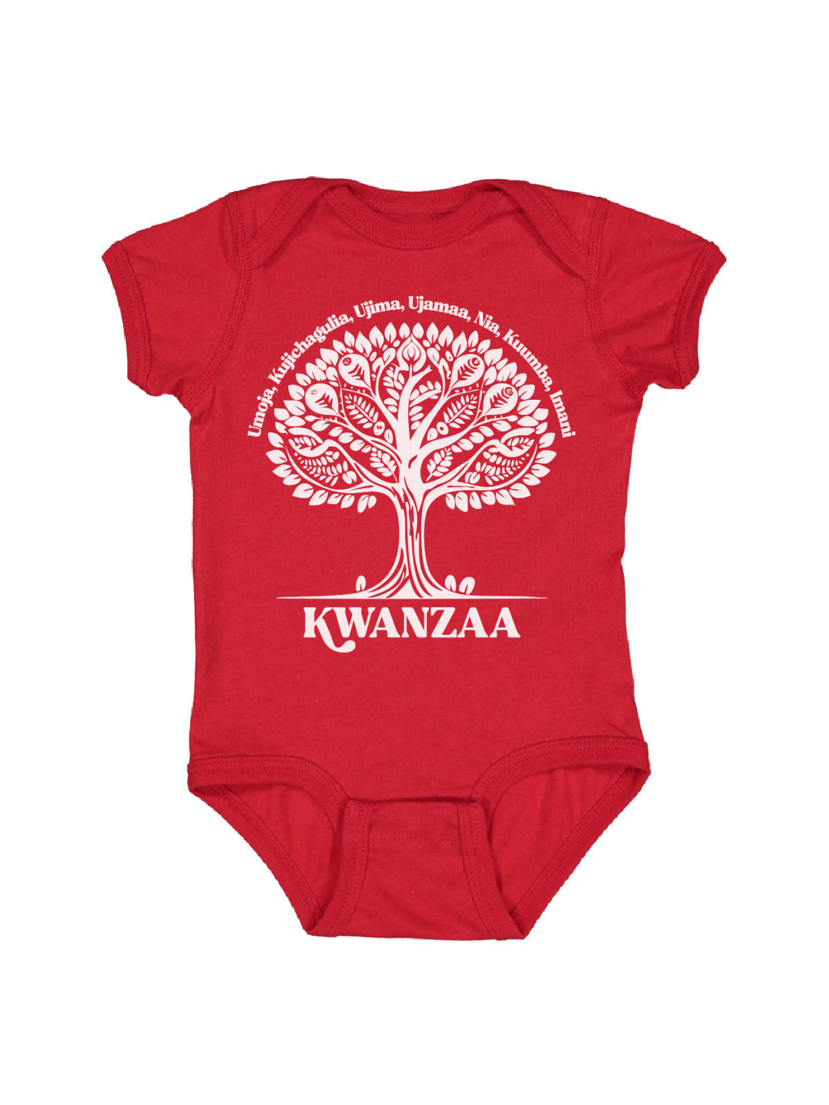 long sleeve red infant one piece with Kwanzaa african tree in white