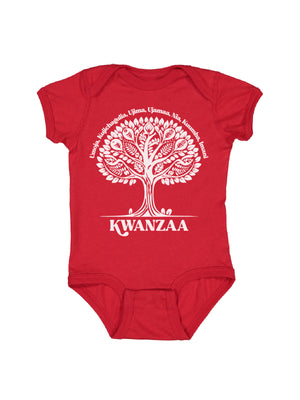 short sleeve red infant bodysuit with Kwanzaa African tree in white