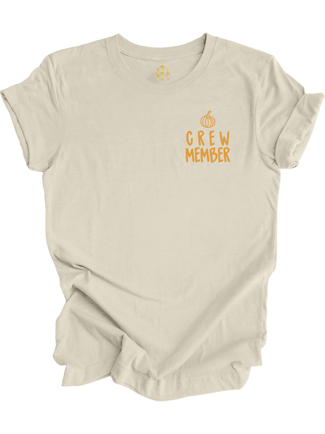 Pumpkin Crew Member adult fall shirt in natural with front chest pumpkin graphic and orange lettering – unisex tee by Mackenzie Madison of Philadelphia
