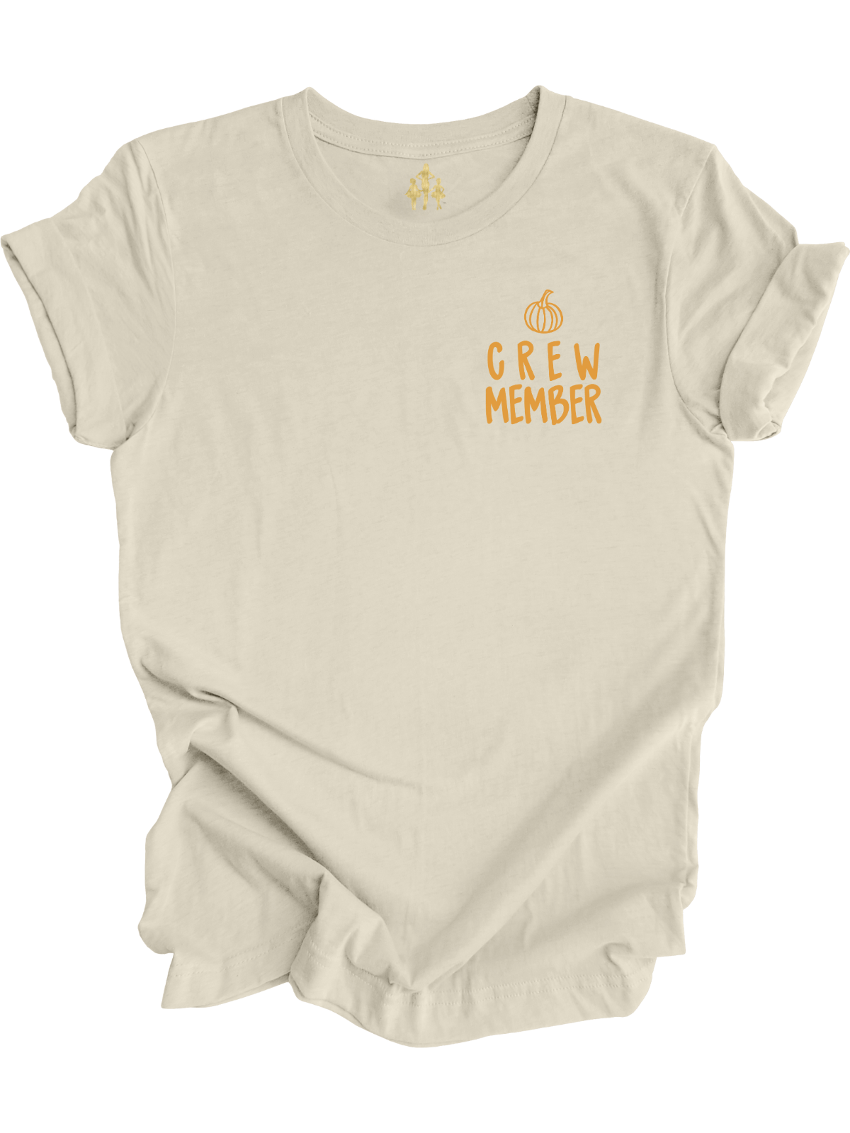 Pumpkin Crew Member adult fall shirt in natural with front chest pumpkin graphic and orange lettering – unisex tee by Mackenzie Madison of Philadelphia