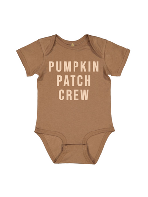 Brown Baby Bodysuit that says Pumpkin Patch Crew