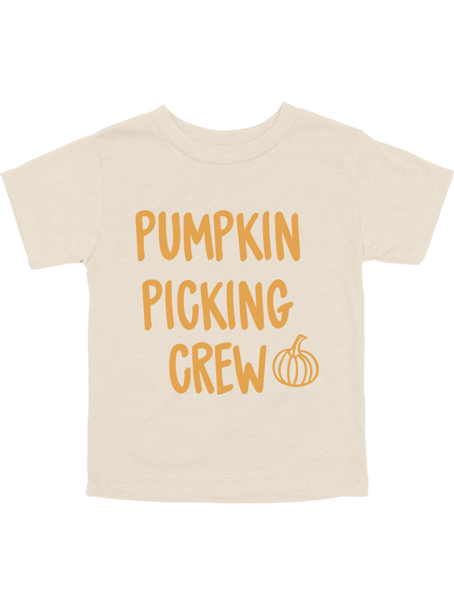 Pumpkin Picking Crew kids shirt in natural with orange pumpkin graphic – toddler and youth fall t-shirt by Mackenzie Madison of Philadelphia