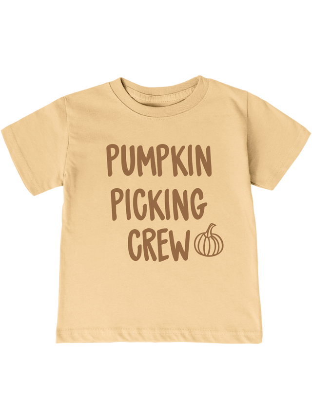 Pumpkin Picking Crew kids fall shirt in latte brown with pumpkin graphic – toddler and youth tee