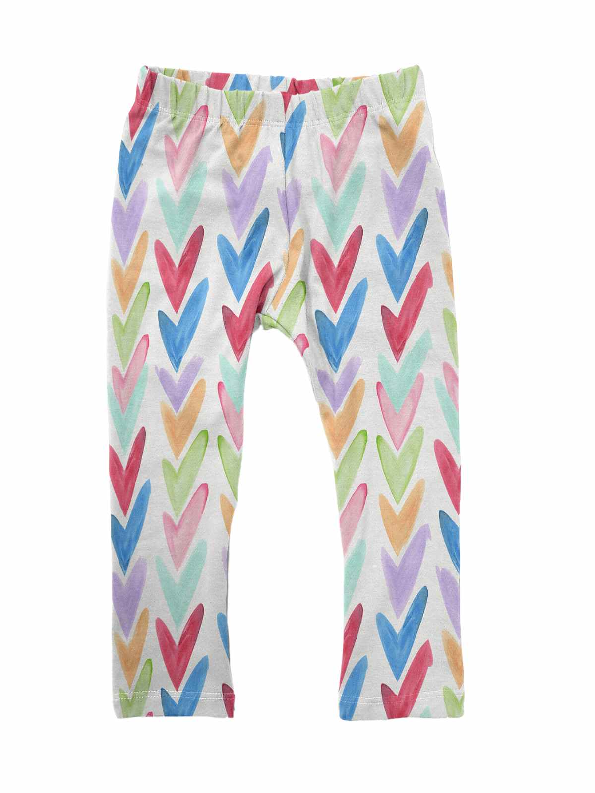 Big girls rainbow hearts leggings featuring a custom exclusive design, made with double-brushed poly knit fabric, handmade in the USA for comfort and style.