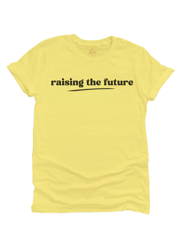 Yellow short sleeve adult t-shirt with retro writing - raising the future design