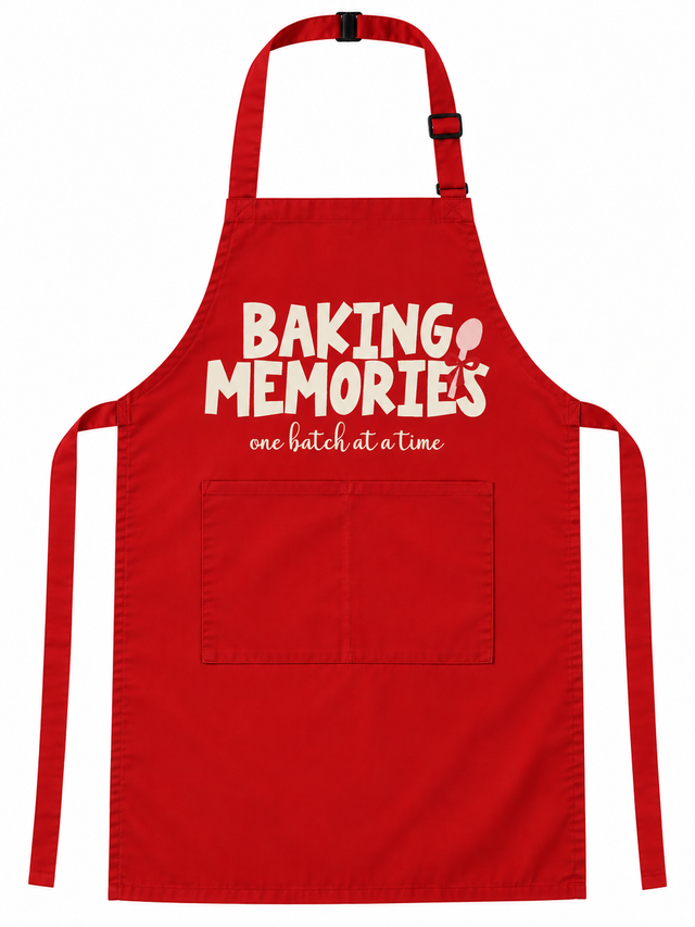 A bright red apron with a white graphic print that reads 'BAKING MEMORIES one batch at a time' and a small illustration of a spatula, shown on a plain white background.
