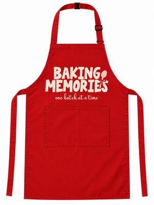 A bright red apron with a white graphic print that reads 'BAKING MEMORIES one batch at a time' and a small illustration of a spatula, shown on a plain white background.
