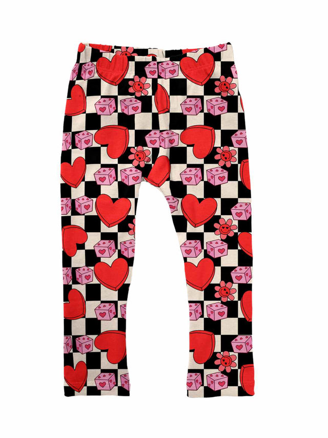 Retro checkered baby girl Valentine leggings featuring red hearts, pink dice, and flowers, handmade with custom-printed double-brushed poly fabric.